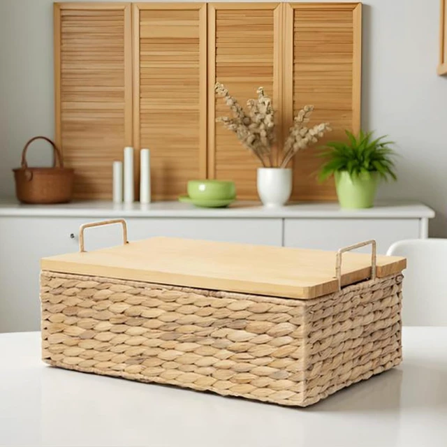 Alt view image 2 of 7 - Handmade Water Hyacinth Wicker Baskets with Wooden Lid (Small)