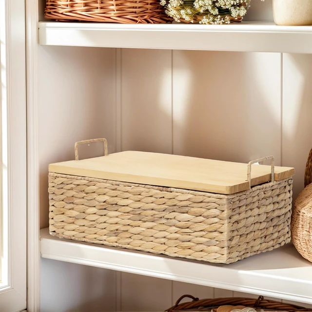 Alt view image 3 of 7 - Handmade Water Hyacinth Wicker Baskets with Wooden Lid (Small)