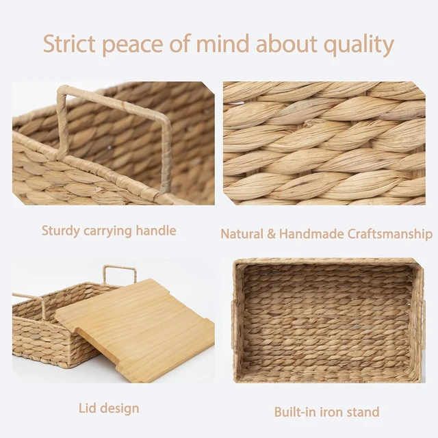 Alt view image 4 of 7 - Handmade Water Hyacinth Wicker Baskets with Wooden Lid (Small)
