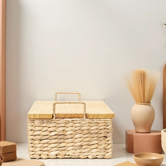 Alt view image 6 of 7 - Handmade Water Hyacinth Wicker Baskets with Wooden Lid (Small)