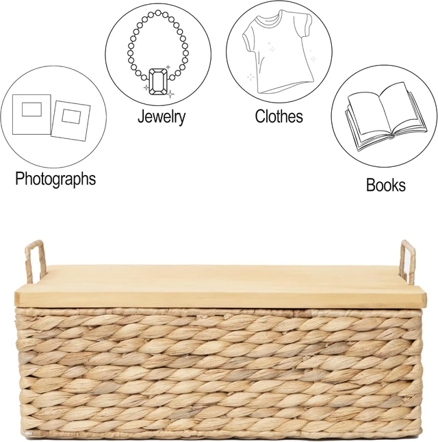 Alt view image 7 of 7 - Handmade Water Hyacinth Wicker Baskets with Wooden Lid (Small)