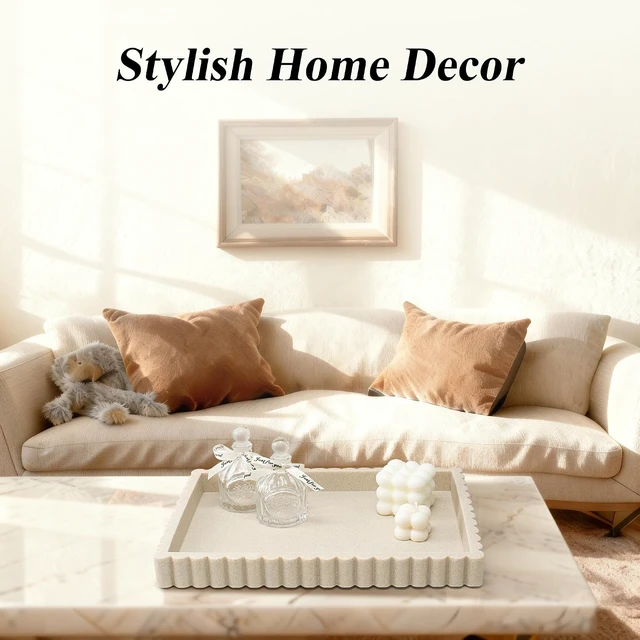 Alt view image 7 of 7 - Decorative Tray for Coffee Table, Modern Tray Decor, 14" Beige Resin