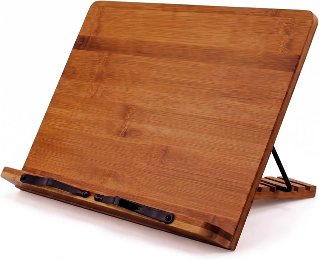 Alt view image 2 of 7 - Bamboo Cookbook Stand Large, Adjustable Book Holder Tray and Page Paper Clips - Walnut Color Large - 4-Position Recipe Book Stand Holds Thick Books for Kitchen Counter, Reading, Studying - Foldable