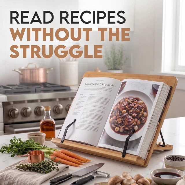 Alt view image 3 of 7 - Bamboo Cookbook Stand Large, Adjustable Book Holder Tray and Page Paper Clips - Walnut Color Large - 4-Position Recipe Book Stand Holds Thick Books for Kitchen Counter, Reading, Studying - Foldable