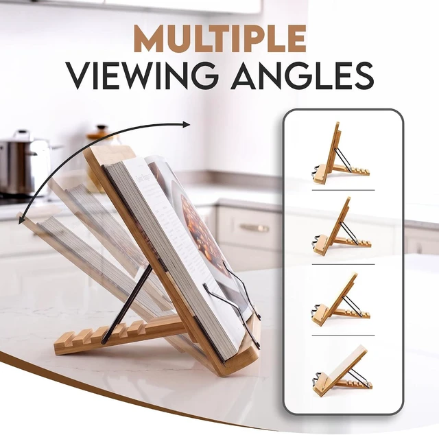 Alt view image 4 of 7 - Bamboo Cookbook Stand Large, Adjustable Book Holder Tray and Page Paper Clips - Walnut Color Large - 4-Position Recipe Book Stand Holds Thick Books for Kitchen Counter, Reading, Studying - Foldable