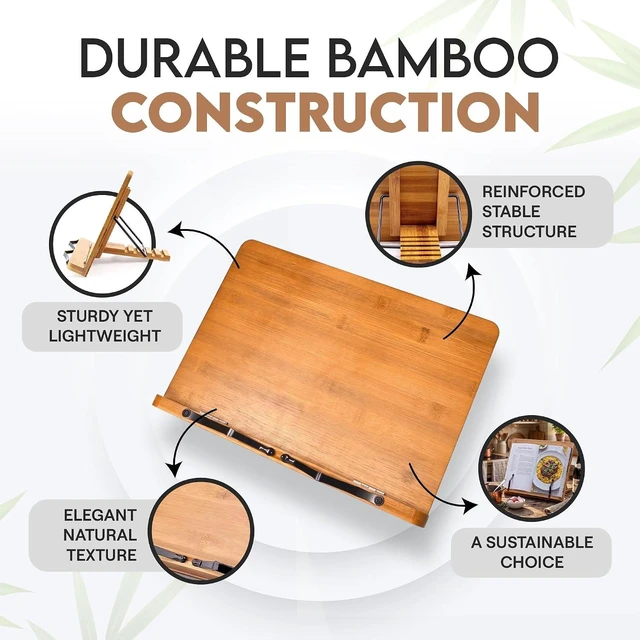 Alt view image 5 of 7 - Bamboo Cookbook Stand Large, Adjustable Book Holder Tray and Page Paper Clips - Walnut Color Large - 4-Position Recipe Book Stand Holds Thick Books for Kitchen Counter, Reading, Studying - Foldable