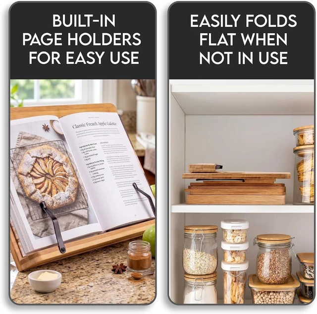 Alt view image 6 of 7 - Bamboo Cookbook Stand Large, Adjustable Book Holder Tray and Page Paper Clips - Walnut Color Large - 4-Position Recipe Book Stand Holds Thick Books for Kitchen Counter, Reading, Studying - Foldable