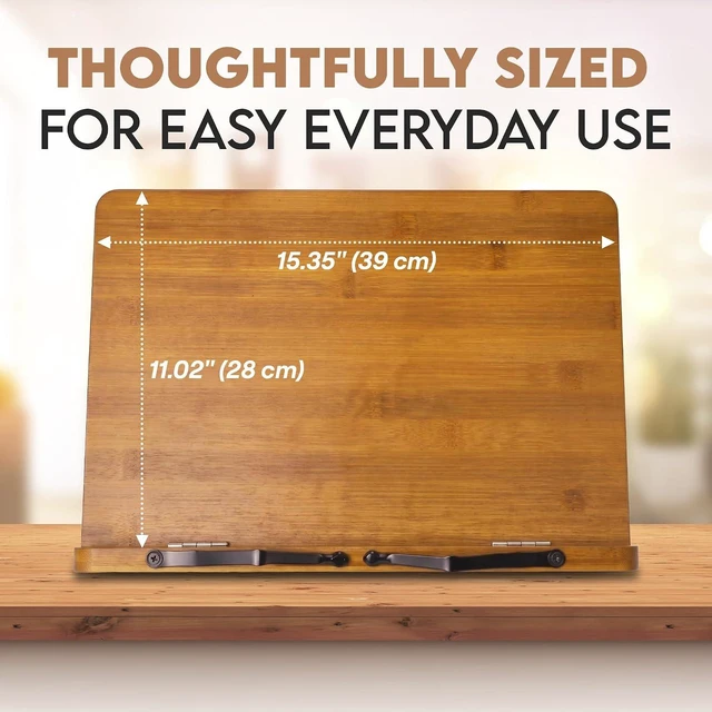 Alt view image 7 of 7 - Bamboo Cookbook Stand Large, Adjustable Book Holder Tray and Page Paper Clips - Walnut Color Large - 4-Position Recipe Book Stand Holds Thick Books for Kitchen Counter, Reading, Studying - Foldable