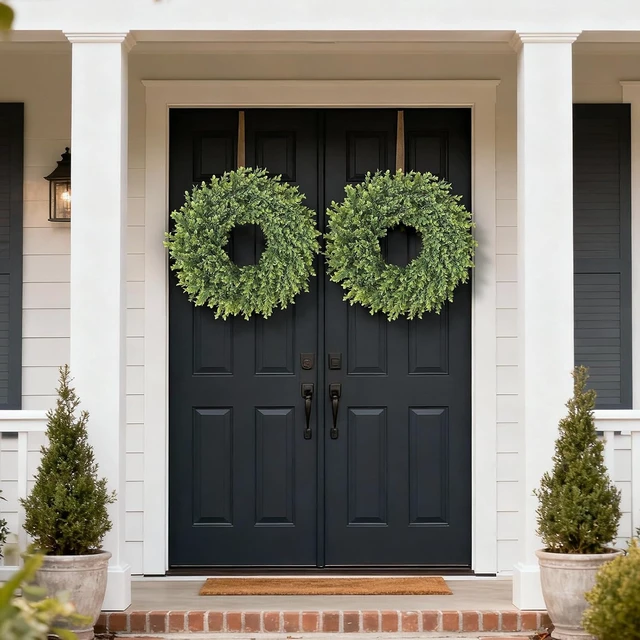 Alt view image 3 of 7 - 26"Artificial Boxwood Wreath, Large Fake Hanging Plant for Front Door Decor