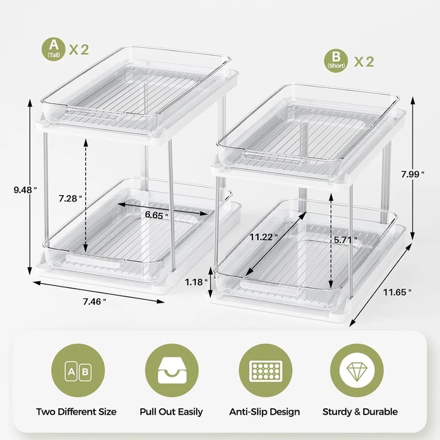 Alt view image 2 of 7 - 2-Tier Bathroom Under Sink Organizers and Storage, Pull Out Cabinet Drawers with Anti-Slip Design, Multi-Purpose Storage for Kitchen, Pantry, Bathroom & Home Organization, White, 4 Pack
