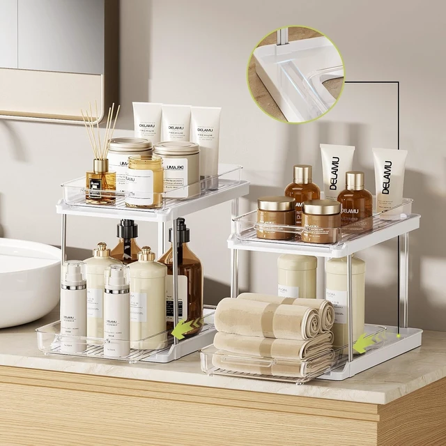 Alt view image 3 of 7 - 2-Tier Bathroom Under Sink Organizers and Storage, Pull Out Cabinet Drawers with Anti-Slip Design, Multi-Purpose Storage for Kitchen, Pantry, Bathroom & Home Organization, White, 4 Pack