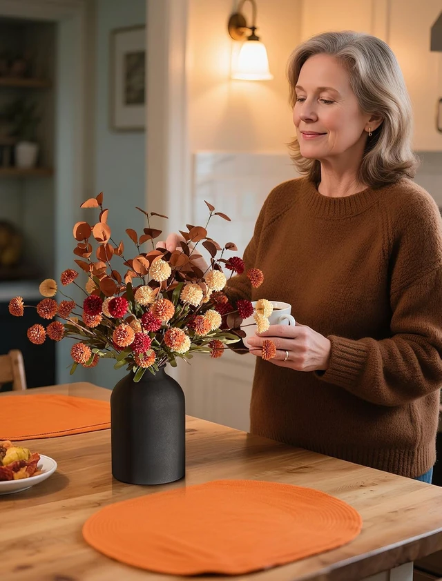 Alt view image 5 of 7 - Faux Flowers Table Centerpiece for Dining Room, Fall Flower in Vase