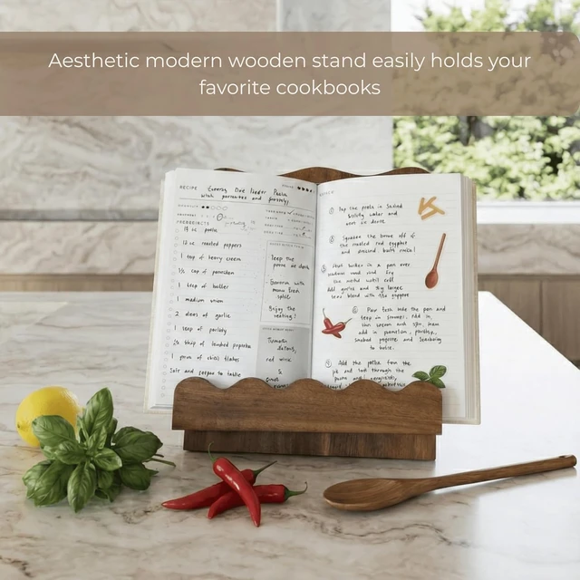 Alt view image 2 of 7 - Beautiful Wooden Cookbook Stand for Your Kitchen Counter Solid Wood Scalloped Book Holder (Acacia)