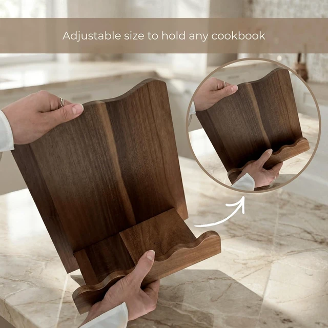 Alt view image 3 of 7 - Beautiful Wooden Cookbook Stand for Your Kitchen Counter Solid Wood Scalloped Book Holder (Acacia)