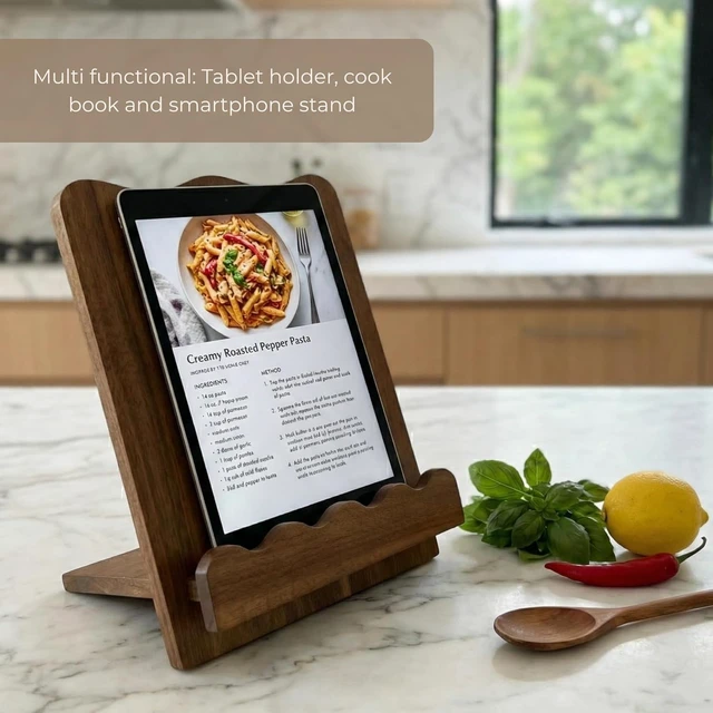Alt view image 7 of 7 - Beautiful Wooden Cookbook Stand for Your Kitchen Counter Solid Wood Scalloped Book Holder (Acacia)