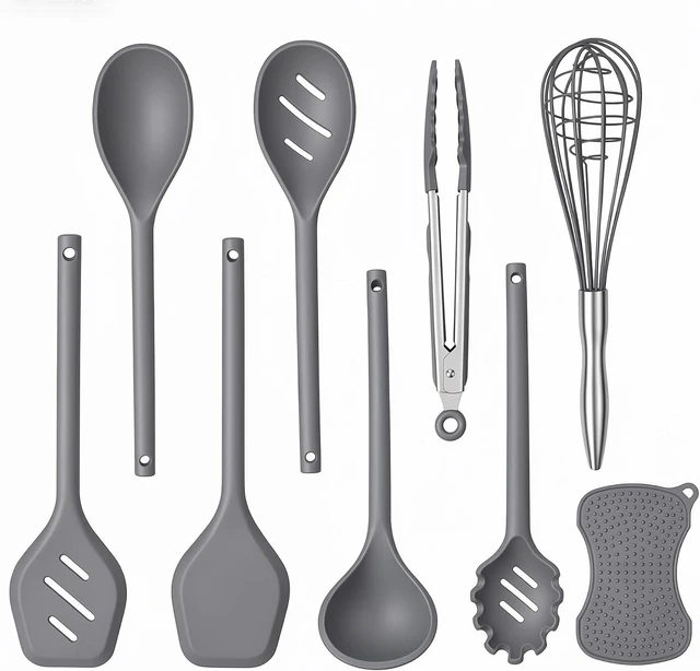 Main image of Kitchen Utensils Set,9 PCS Silicone Cooking Utensils Set Spatula Set,Tongs,Spoon,Whisk,Brush,Dishwasher Safe Kitchen Gadgets for Non-Stick Cookware,Home EssentialKitchen Appliances Tool(Gray)