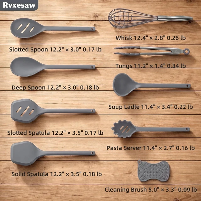 Alt view image 4 of 7 - Kitchen Utensils Set,9 PCS Silicone Cooking Utensils Set Spatula Set,Tongs,Spoon,Whisk,Brush,Dishwasher Safe Kitchen Gadgets for Non-Stick Cookware,Home EssentialKitchen Appliances Tool(Gray)