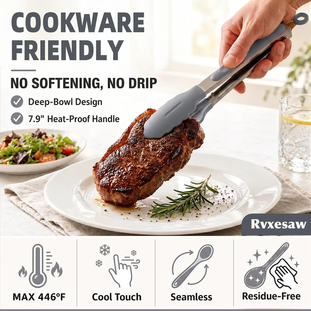 Alt view image 6 of 7 - Kitchen Utensils Set,9 PCS Silicone Cooking Utensils Set Spatula Set,Tongs,Spoon,Whisk,Brush,Dishwasher Safe Kitchen Gadgets for Non-Stick Cookware,Home EssentialKitchen Appliances Tool(Gray)