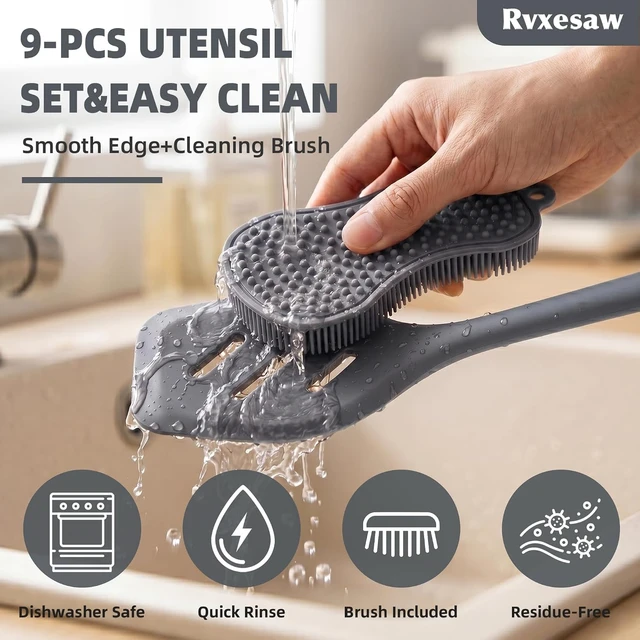 Alt view image 7 of 7 - Kitchen Utensils Set,9 PCS Silicone Cooking Utensils Set Spatula Set,Tongs,Spoon,Whisk,Brush,Dishwasher Safe Kitchen Gadgets for Non-Stick Cookware,Home EssentialKitchen Appliances Tool(Gray)