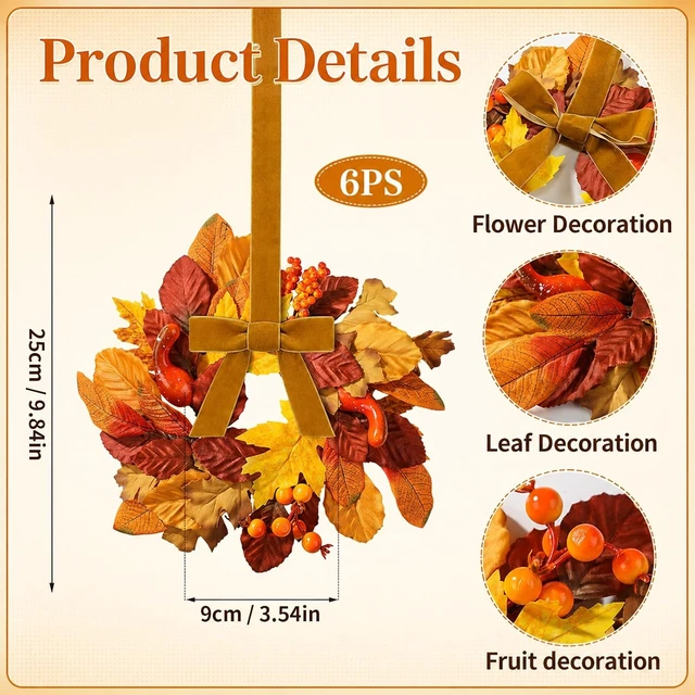 Alt view image 3 of 7 - 6 Pack 9" Mini Fall Wreaths Bulk for Kitchen Cabinet Decoration