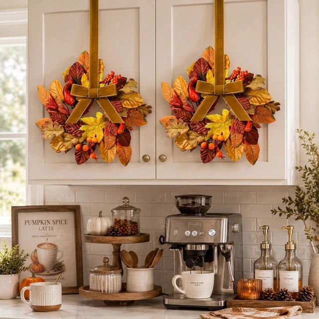Alt view image 7 of 7 - 6 Pack 9" Mini Fall Wreaths Bulk for Kitchen Cabinet Decoration