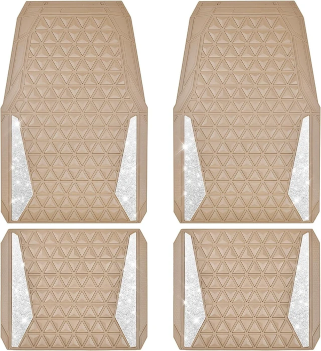 Main image of Bling Diamond Car Mats Rubber Floor Mats Full Set Anti-Slip 3D Rhombus Waterproof Trim to Fit Liner Universal Glitter Crystal Sparkly Shining Rhinestone Girl Women SUV Sedan Van, Beige Rubber