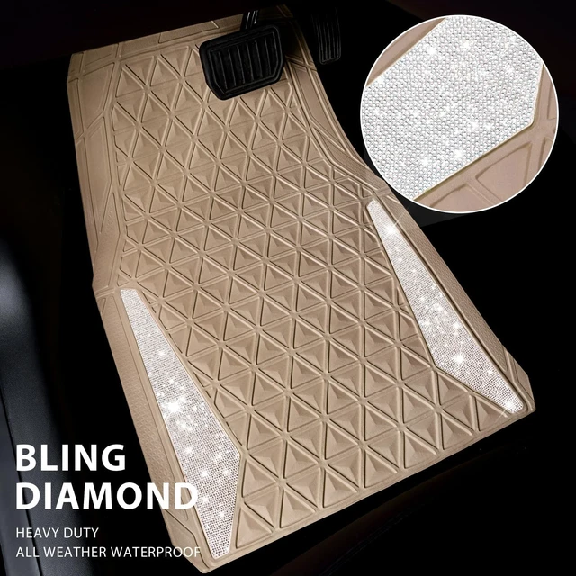Alt view image 2 of 7 - Bling Diamond Car Mats Rubber Floor Mats Full Set Anti-Slip 3D Rhombus Waterproof Trim to Fit Liner Universal Glitter Crystal Sparkly Shining Rhinestone Girl Women SUV Sedan Van, Beige Rubber
