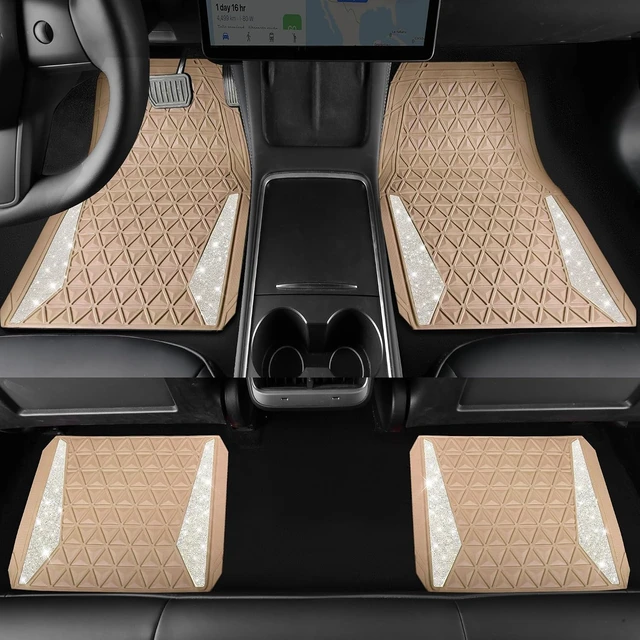 Alt view image 4 of 7 - Bling Diamond Car Mats Rubber Floor Mats Full Set Anti-Slip 3D Rhombus Waterproof Trim to Fit Liner Universal Glitter Crystal Sparkly Shining Rhinestone Girl Women SUV Sedan Van, Beige Rubber