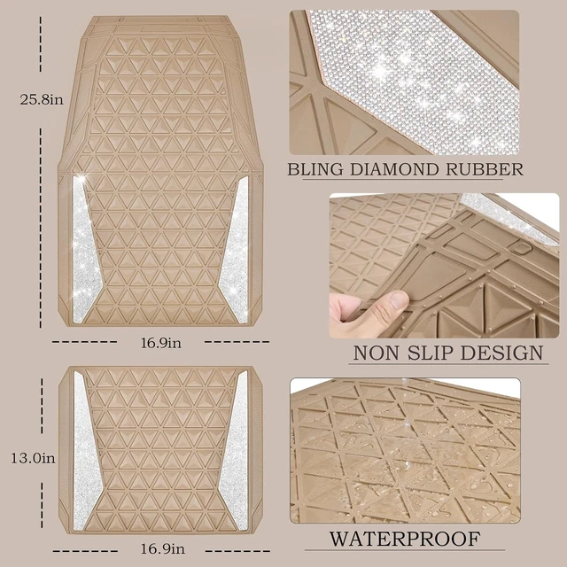Alt view image 5 of 7 - Bling Diamond Car Mats Rubber Floor Mats Full Set Anti-Slip 3D Rhombus Waterproof Trim to Fit Liner Universal Glitter Crystal Sparkly Shining Rhinestone Girl Women SUV Sedan Van, Beige Rubber