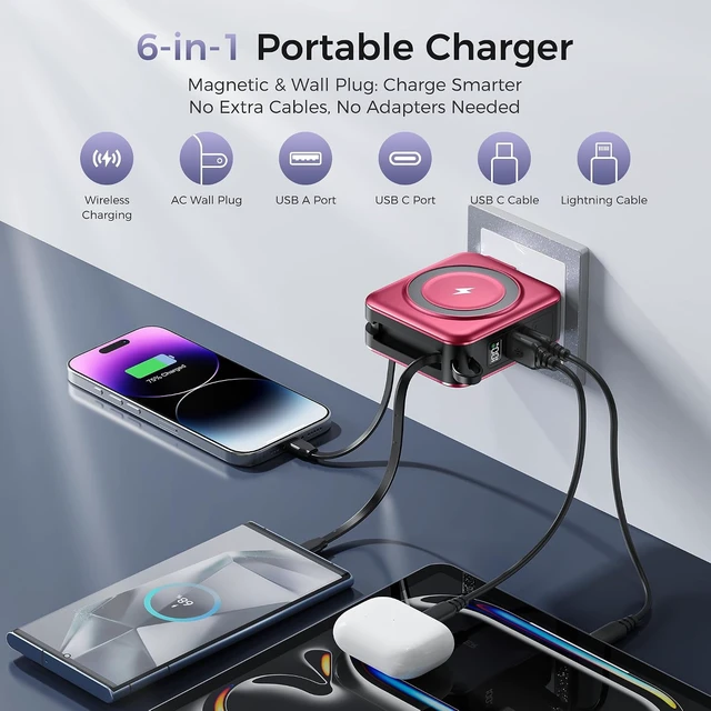Alt view image 2 of 7 - 10000mAh Portable Charger Power Bank Built in Cables&Wall Plug