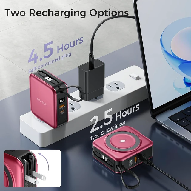 Alt view image 6 of 7 - 10000mAh Portable Charger Power Bank Built in Cables&Wall Plug