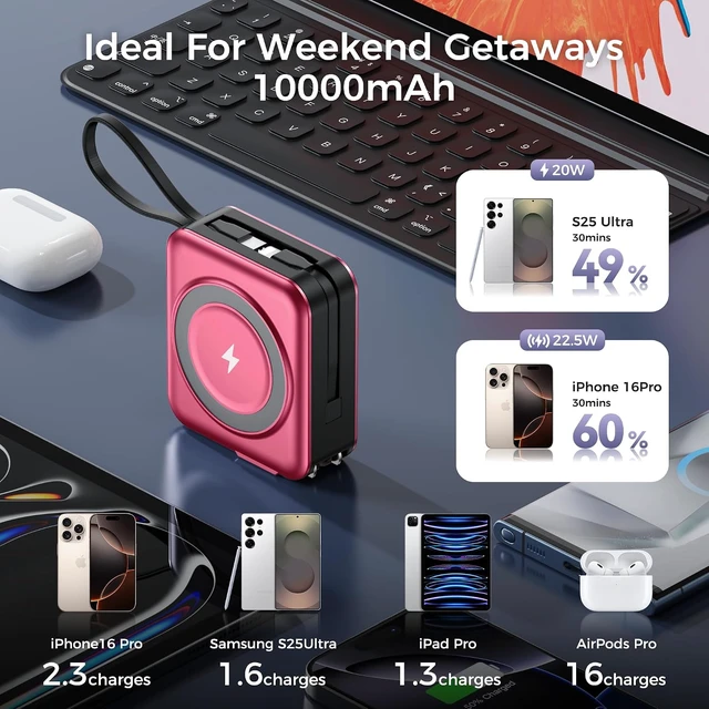 Alt view image 5 of 7 - 10000mAh Portable Charger Power Bank Built in Cables&Wall Plug