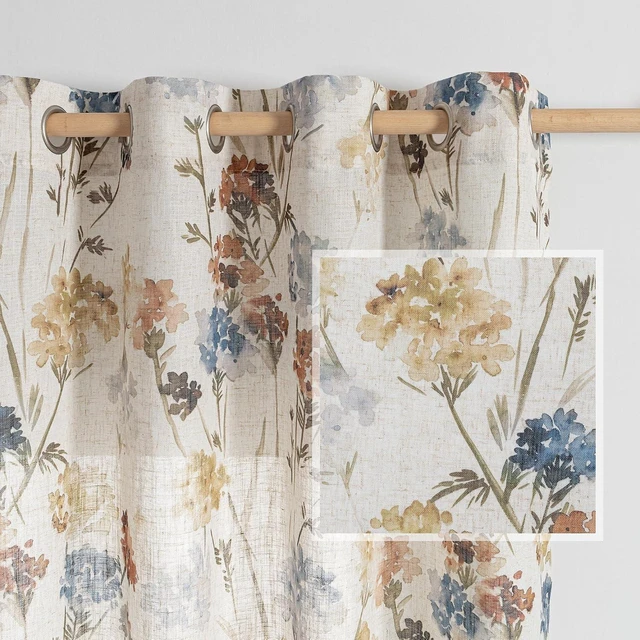 Main image of Floral Linen Curtains 84 inch Length 2 Panels Set Summer Flower Patterned Semi Sheer Light Filtering Privacy Farmhouse Grommet Drapes for Living/Dining Room, Yellow, W52 x L84, Pack-2