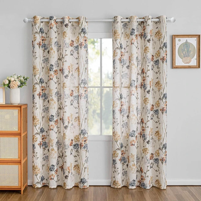 Alt view image 2 of 7 - Floral Linen Curtains 84 inch Length 2 Panels Set Summer Flower Patterned Semi Sheer Light Filtering Privacy Farmhouse Grommet Drapes for Living/Dining Room, Yellow, W52 x L84, Pack-2
