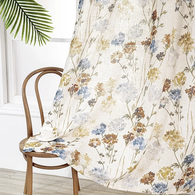 Alt view image 3 of 7 - Floral Linen Curtains 84 inch Length 2 Panels Set Summer Flower Patterned Semi Sheer Light Filtering Privacy Farmhouse Grommet Drapes for Living/Dining Room, Yellow, W52 x L84, Pack-2