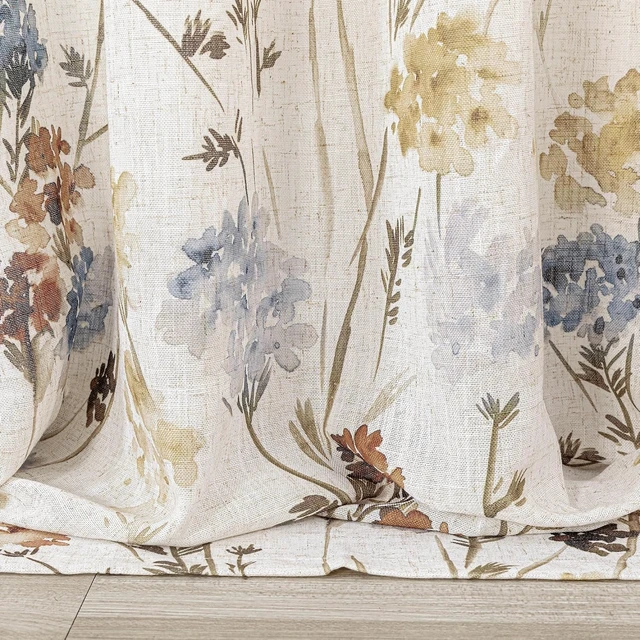 Alt view image 4 of 7 - Floral Linen Curtains 84 inch Length 2 Panels Set Summer Flower Patterned Semi Sheer Light Filtering Privacy Farmhouse Grommet Drapes for Living/Dining Room, Yellow, W52 x L84, Pack-2