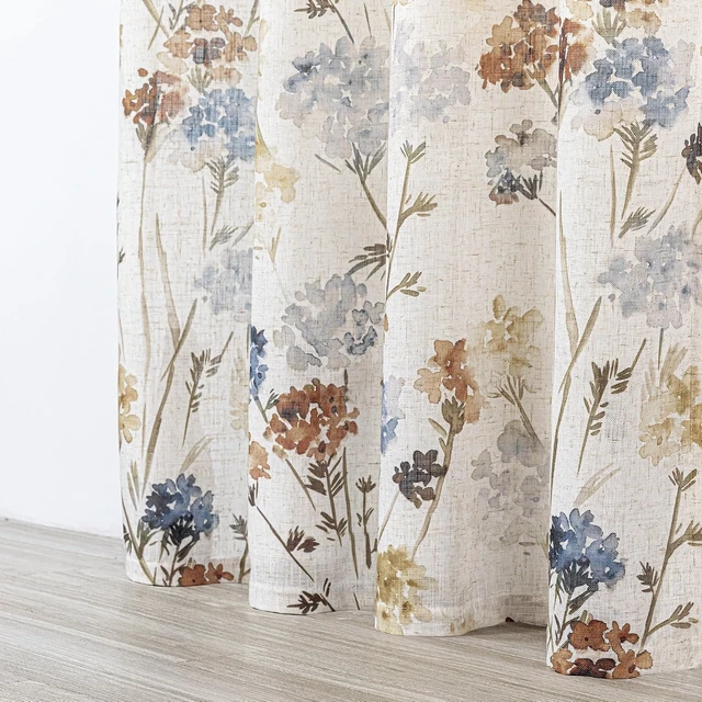 Alt view image 5 of 7 - Floral Linen Curtains 84 inch Length 2 Panels Set Summer Flower Patterned Semi Sheer Light Filtering Privacy Farmhouse Grommet Drapes for Living/Dining Room, Yellow, W52 x L84, Pack-2