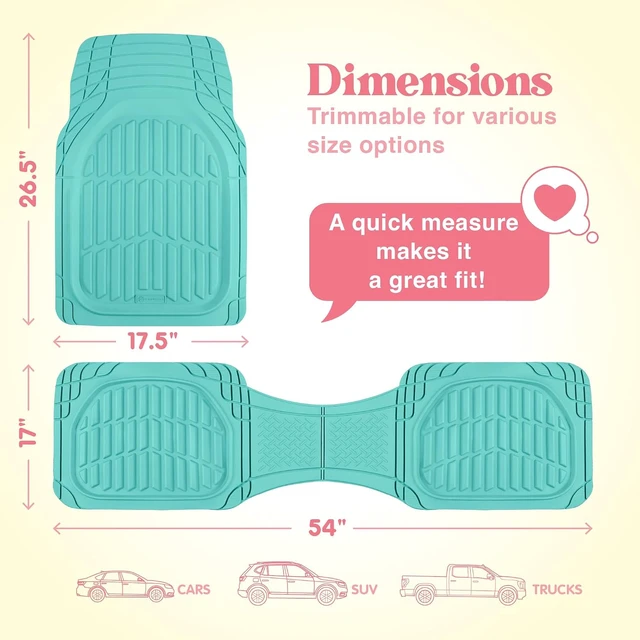 Alt view image 3 of 7 - Heavy Duty Rubber 4-Piece Teal Car Floor Mats - Universal Trimmable All-Weather Car Accessories - Girl Car Accessories for Women & Cute Car Mats for Women for Girly Car Decor, Truck, & SUV