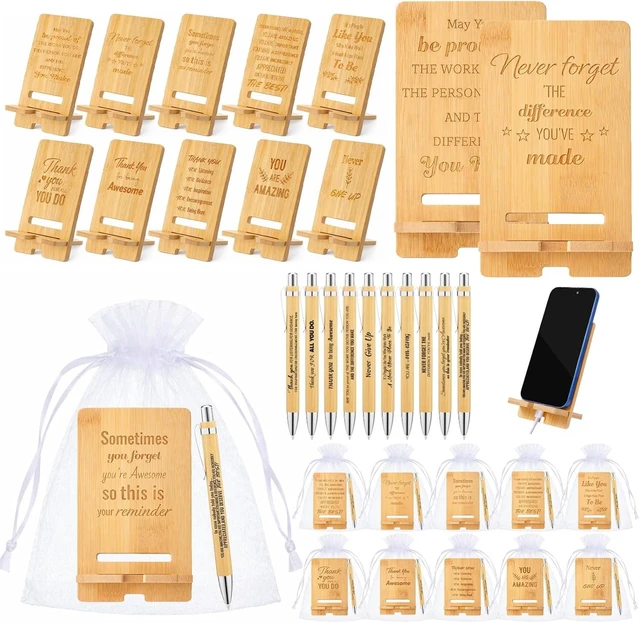 Main image of 60 Pcs Employee Appreciation Gifts Bulk, 20 Wooden Phone Stands, 20 Motivational Pens with White Organza Bags, Thank You Gifts for Coworkers, Staff, Team, Volunteers, Nurses, Teachers, Office Desk