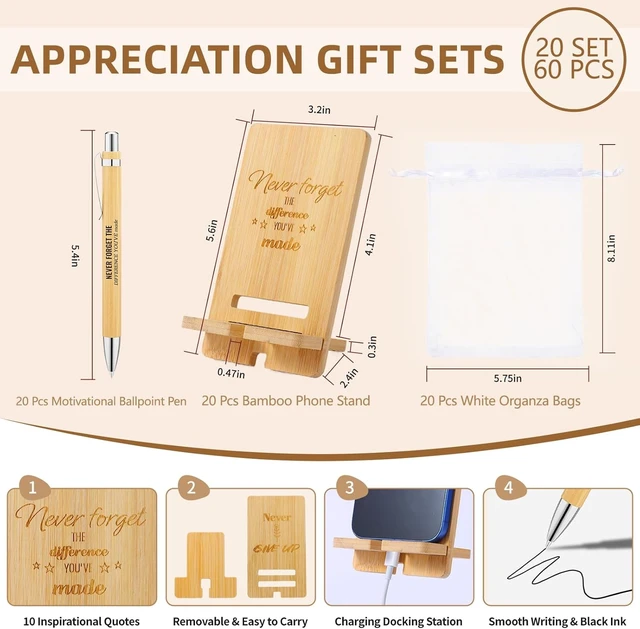 Alt view image 2 of 7 - 60 Pcs Employee Appreciation Gifts Bulk, 20 Wooden Phone Stands, 20 Motivational Pens with White Organza Bags, Thank You Gifts for Coworkers, Staff, Team, Volunteers, Nurses, Teachers, Office Desk