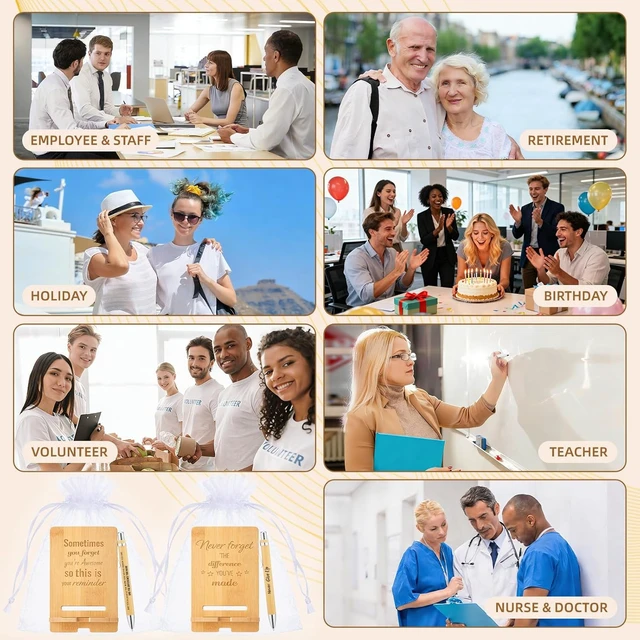 Alt view image 4 of 7 - 60 Pcs Employee Appreciation Gifts Bulk, 20 Wooden Phone Stands, 20 Motivational Pens with White Organza Bags, Thank You Gifts for Coworkers, Staff, Team, Volunteers, Nurses, Teachers, Office Desk
