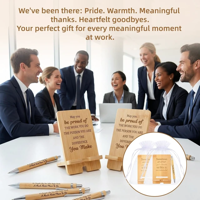 Alt view image 6 of 7 - 60 Pcs Employee Appreciation Gifts Bulk, 20 Wooden Phone Stands, 20 Motivational Pens with White Organza Bags, Thank You Gifts for Coworkers, Staff, Team, Volunteers, Nurses, Teachers, Office Desk