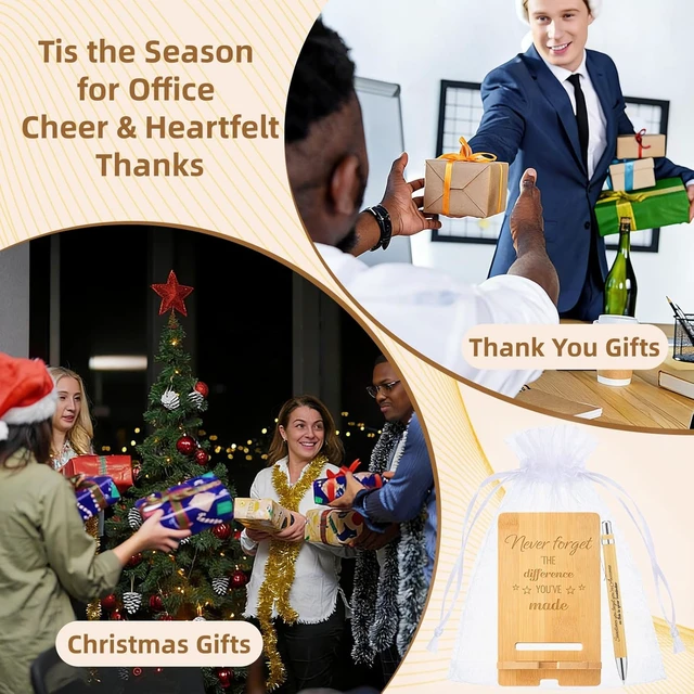 Alt view image 7 of 7 - 60 Pcs Employee Appreciation Gifts Bulk, 20 Wooden Phone Stands, 20 Motivational Pens with White Organza Bags, Thank You Gifts for Coworkers, Staff, Team, Volunteers, Nurses, Teachers, Office Desk