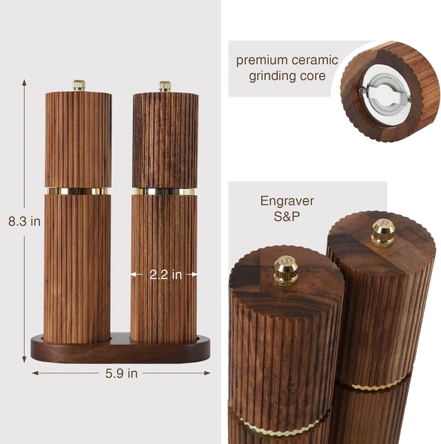 Alt view image 2 of 7 - Wooden Salt and Pepper Grinder Set, Refillable Salt and Pepper grinder with adjustable Coarseness, Acacia Wood pepper mill manual, Salt and Pepper Shakers Matching Wooden tray-Ideal for Gifting