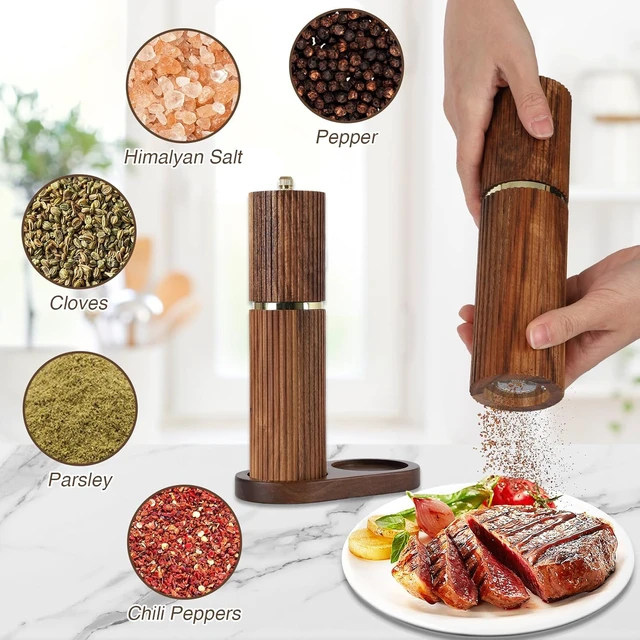 Alt view image 3 of 7 - Wooden Salt and Pepper Grinder Set, Refillable Salt and Pepper grinder with adjustable Coarseness, Acacia Wood pepper mill manual, Salt and Pepper Shakers Matching Wooden tray-Ideal for Gifting