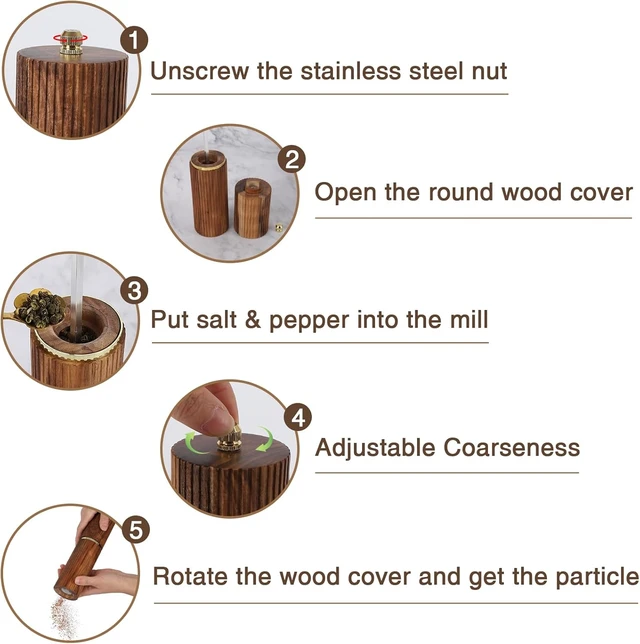 Alt view image 4 of 7 - Wooden Salt and Pepper Grinder Set, Refillable Salt and Pepper grinder with adjustable Coarseness, Acacia Wood pepper mill manual, Salt and Pepper Shakers Matching Wooden tray-Ideal for Gifting