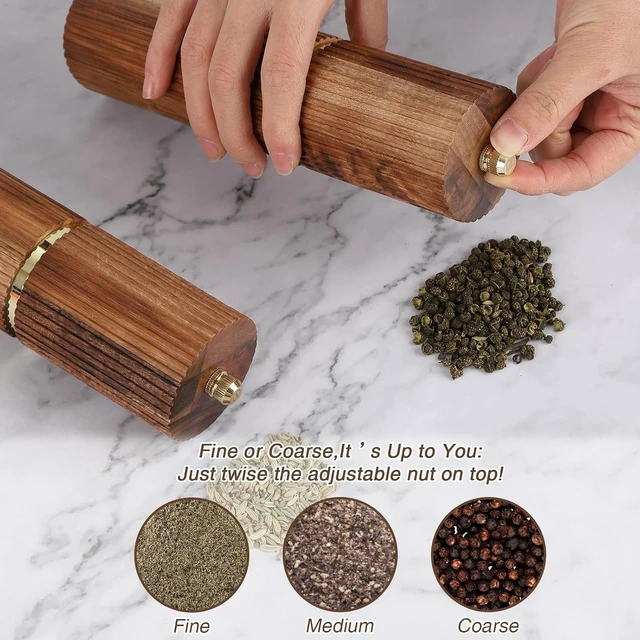 Alt view image 5 of 7 - Wooden Salt and Pepper Grinder Set, Refillable Salt and Pepper grinder with adjustable Coarseness, Acacia Wood pepper mill manual, Salt and Pepper Shakers Matching Wooden tray-Ideal for Gifting