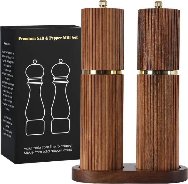 Alt view image 7 of 7 - Wooden Salt and Pepper Grinder Set, Refillable Salt and Pepper grinder with adjustable Coarseness, Acacia Wood pepper mill manual, Salt and Pepper Shakers Matching Wooden tray-Ideal for Gifting