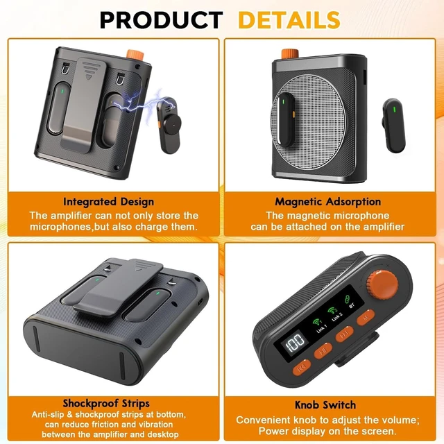 Alt view image 6 of 7 - Voice Amplifier Wireless Microphone for Teachers/Classroom/Yoga/Meeting,Portable Bluetooth Speaker with 2pcs Clip-On Magnetic Wireless Lavalier Lapel Microphones Mini Megaphone Speaker PA System Black