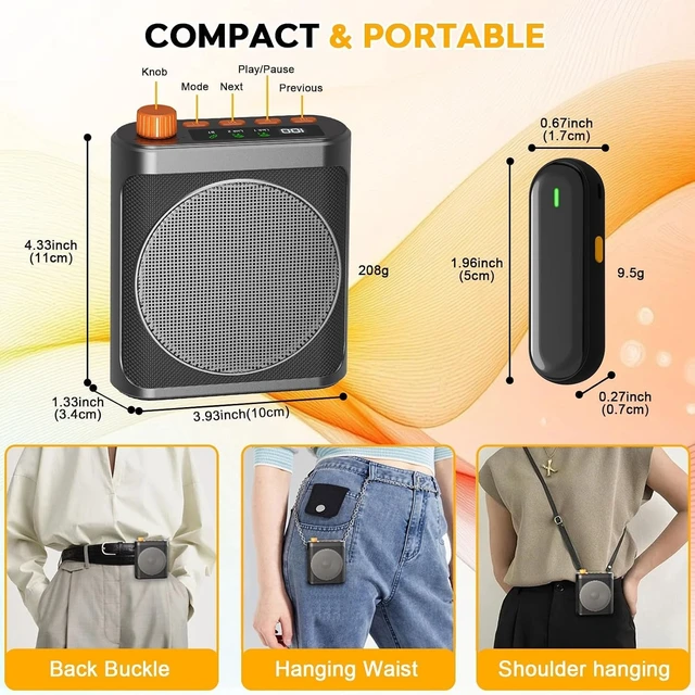 Alt view image 7 of 7 - Voice Amplifier Wireless Microphone for Teachers/Classroom/Yoga/Meeting,Portable Bluetooth Speaker with 2pcs Clip-On Magnetic Wireless Lavalier Lapel Microphones Mini Megaphone Speaker PA System Black